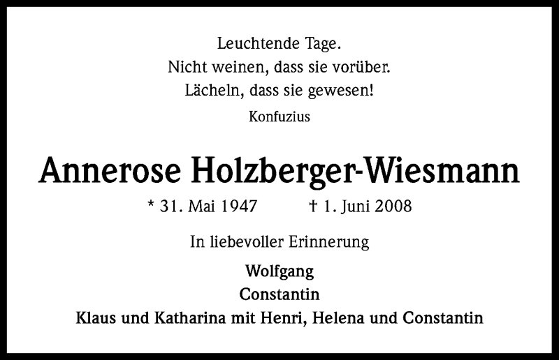  Traueranzeige für Annerose Holzberger-Wiesmann vom 02.06.2018 aus Kölner Stadt-Anzeiger / Kölnische Rundschau / Express
