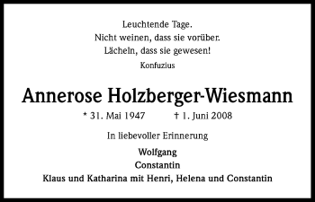 Anzeige von Annerose Holzberger-Wiesmann von Kölner Stadt-Anzeiger / Kölnische Rundschau / Express