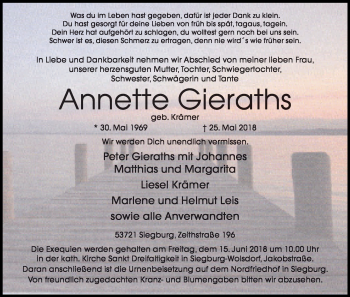 Anzeige von Annette Gieraths von Kölner Stadt-Anzeiger / Kölnische Rundschau / Express