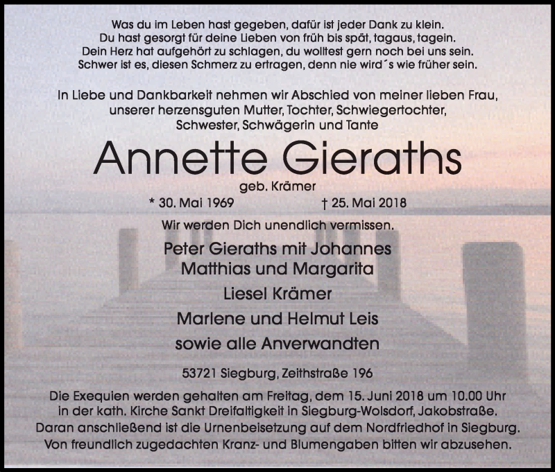  Traueranzeige für Annette Gieraths vom 09.06.2018 aus Kölner Stadt-Anzeiger / Kölnische Rundschau / Express