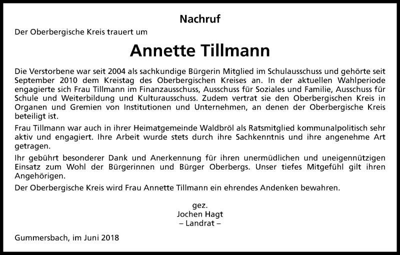 Traueranzeige für Annette Tillmann vom 07.06.2018 aus Kölner Stadt-Anzeiger / Kölnische Rundschau / Express