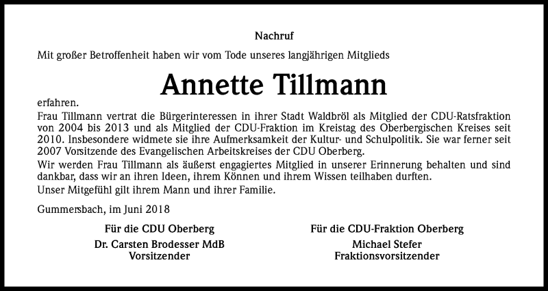 Traueranzeige für Annette Tillmann vom 09.06.2018 aus Kölner Stadt-Anzeiger / Kölnische Rundschau / Express
