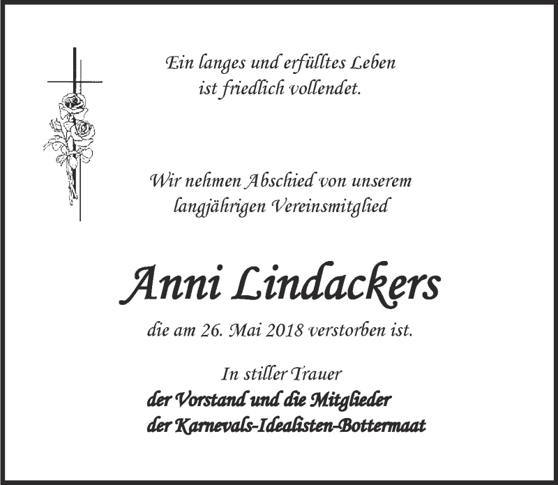  Traueranzeige für Anni Lindackers vom 13.06.2018 aus  Kölner Wochenspiegel 