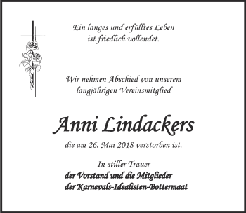 Anzeige von Anni Lindackers von  Kölner Wochenspiegel 