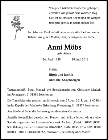 Anzeige von Anni Möbs von Kölner Stadt-Anzeiger / Kölnische Rundschau / Express