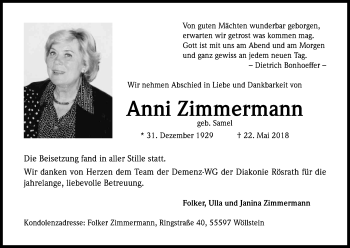 Anzeige von Anni Zimmermann von Kölner Stadt-Anzeiger / Kölnische Rundschau / Express