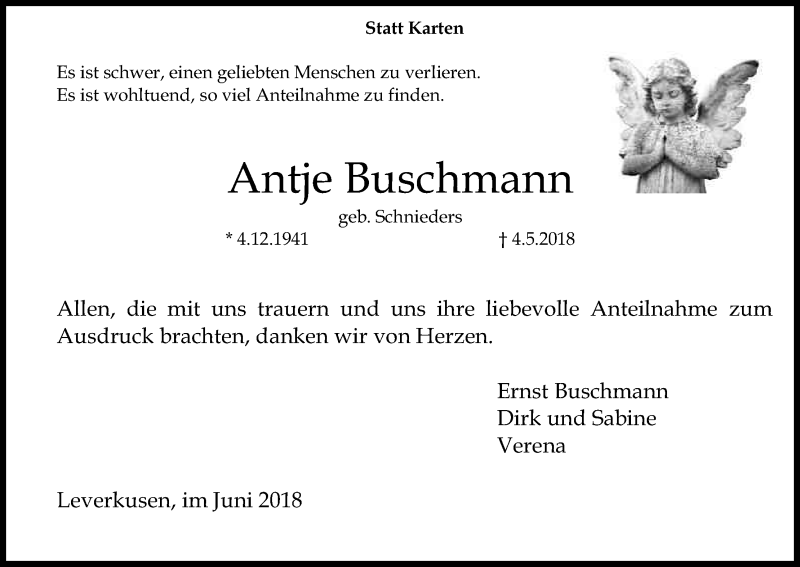  Traueranzeige für Antje Buschmann vom 02.06.2018 aus Kölner Stadt-Anzeiger / Kölnische Rundschau / Express