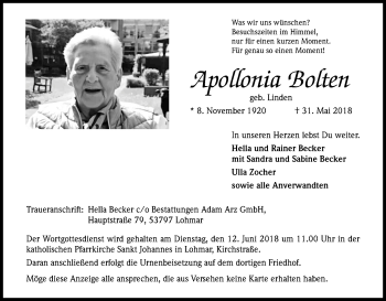 Anzeige von Apodonia Bolten von Kölner Stadt-Anzeiger / Kölnische Rundschau / Express