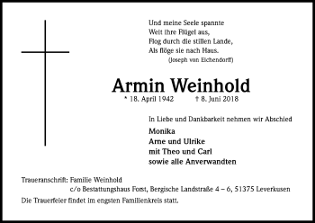 Anzeige von Armin Weinhold von Kölner Stadt-Anzeiger / Kölnische Rundschau / Express