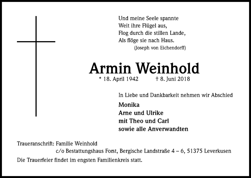  Traueranzeige für Armin Weinhold vom 16.06.2018 aus Kölner Stadt-Anzeiger / Kölnische Rundschau / Express