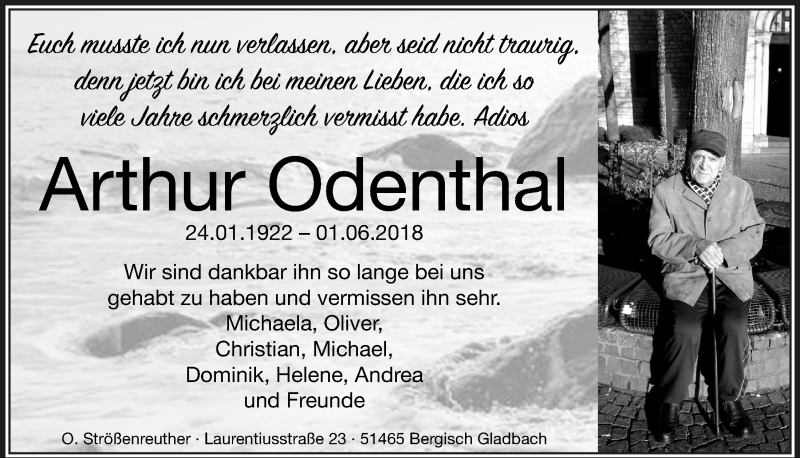  Traueranzeige für Arthur Odenthal vom 13.06.2018 aus  Bergisches Handelsblatt 