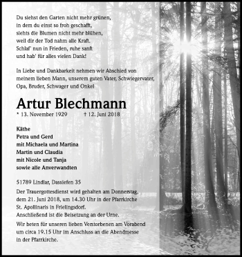 Anzeige von Artur Blechmann von Kölner Stadt-Anzeiger / Kölnische Rundschau / Express