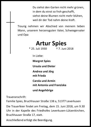 Anzeige von Artur Spies von Kölner Stadt-Anzeiger / Kölnische Rundschau / Express