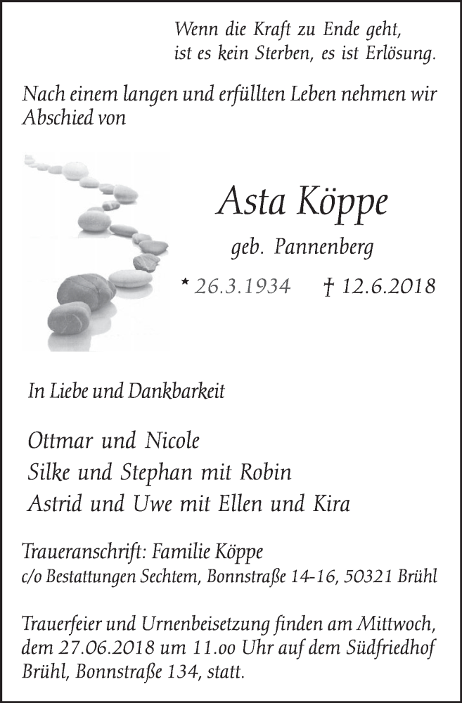  Traueranzeige für Asta Köppe vom 20.06.2018 aus  Schlossbote/Werbekurier 