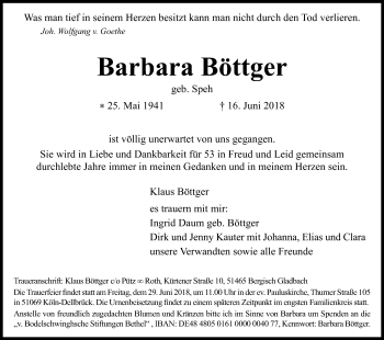 Anzeige von Barbara Böttger von Kölner Stadt-Anzeiger / Kölnische Rundschau / Express