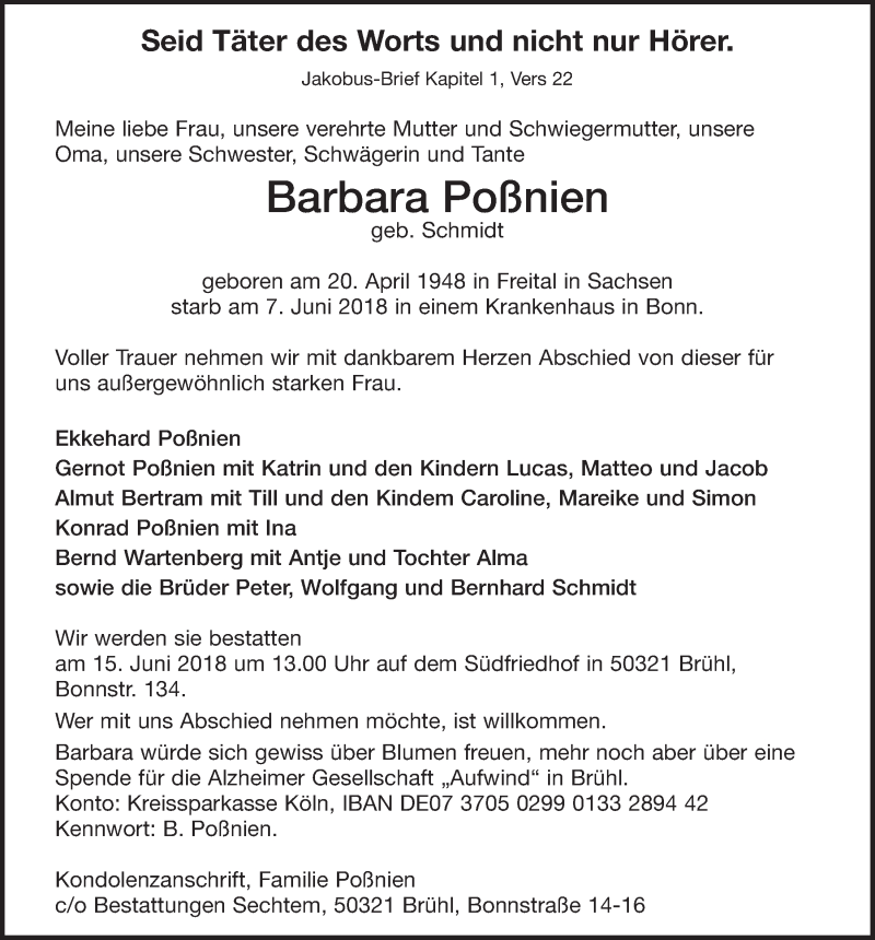  Traueranzeige für Barbara Poßnien vom 13.06.2018 aus  Schlossbote/Werbekurier 