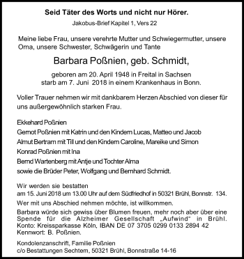 Anzeige von Barbara Poßnien von Kölner Stadt-Anzeiger / Kölnische Rundschau / Express