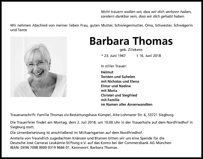  Traueranzeige für Barbara Thomas vom 23.06.2018 aus Kölner Stadt-Anzeiger / Kölnische Rundschau / Express
