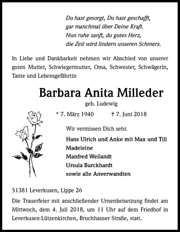 Anzeige von Barbara Anita Milleder von Kölner Stadt-Anzeiger / Kölnische Rundschau / Express