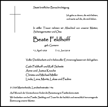 Anzeige von Beate Feldhoff von Kölner Stadt-Anzeiger / Kölnische Rundschau / Express