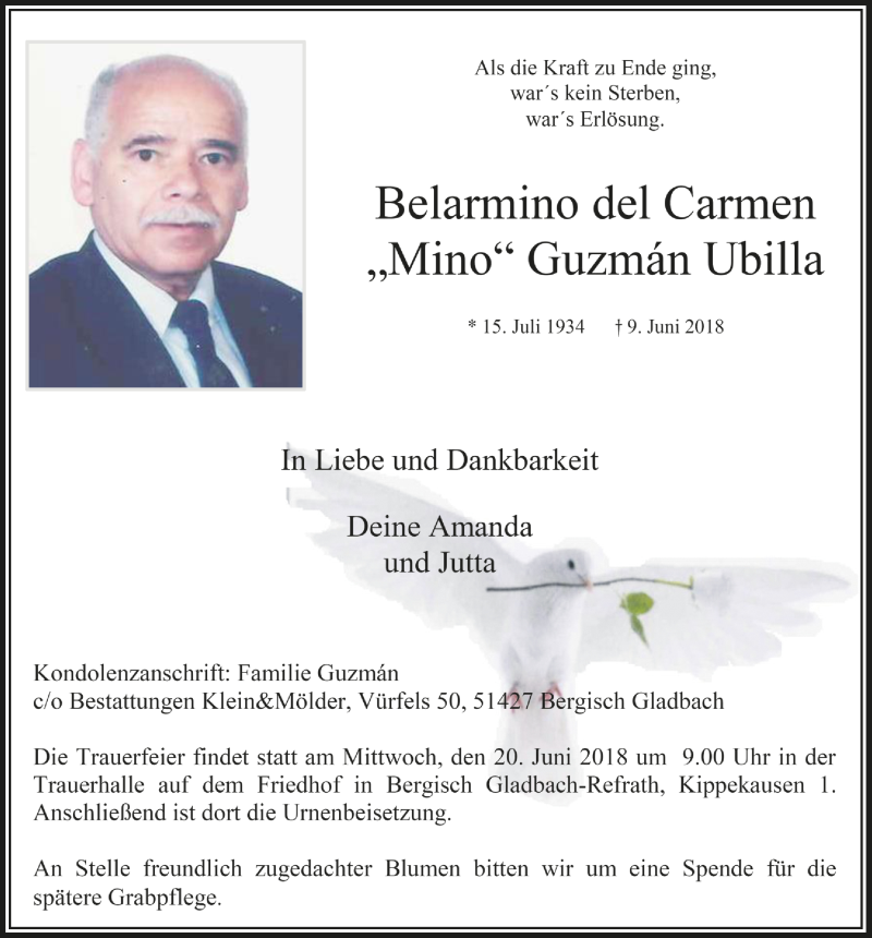  Traueranzeige für Belarmino der Carmen Guzman Ubilla vom 16.06.2018 aus  Bergisches Sonntagsblatt 
