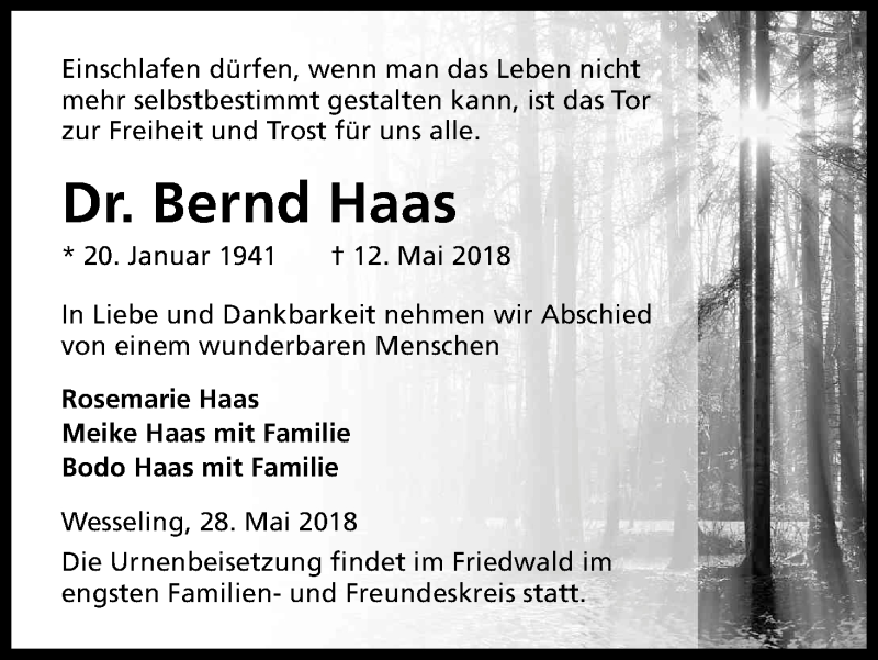  Traueranzeige für Bernd Haas vom 02.06.2018 aus Kölner Stadt-Anzeiger / Kölnische Rundschau / Express
