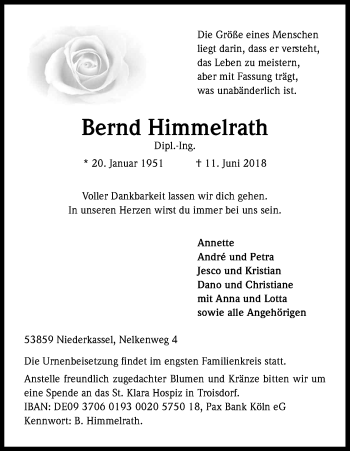 Anzeige von Bernd Himmelrath von Kölner Stadt-Anzeiger / Kölnische Rundschau / Express