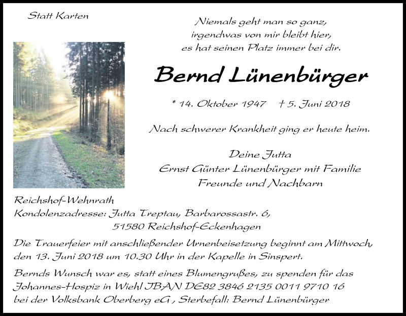  Traueranzeige für Bernd Lünenbürger vom 09.06.2018 aus Kölner Stadt-Anzeiger / Kölnische Rundschau / Express