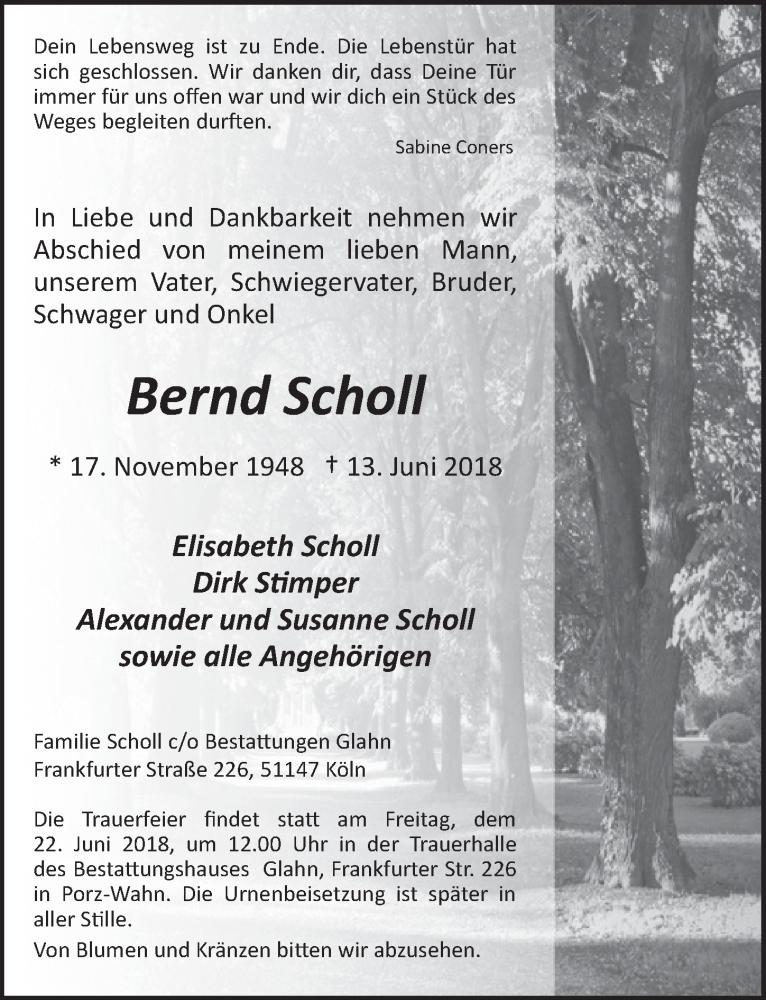  Traueranzeige für Bernd Scholl vom 20.06.2018 aus  Kölner Wochenspiegel 