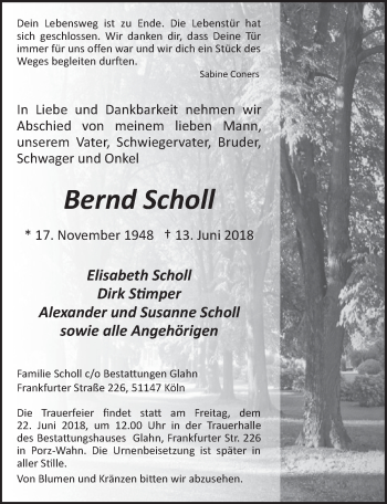 Anzeige von Bernd Scholl von  Kölner Wochenspiegel 