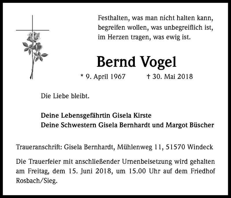  Traueranzeige für Bernd Vogel vom 14.06.2018 aus Kölner Stadt-Anzeiger / Kölnische Rundschau / Express
