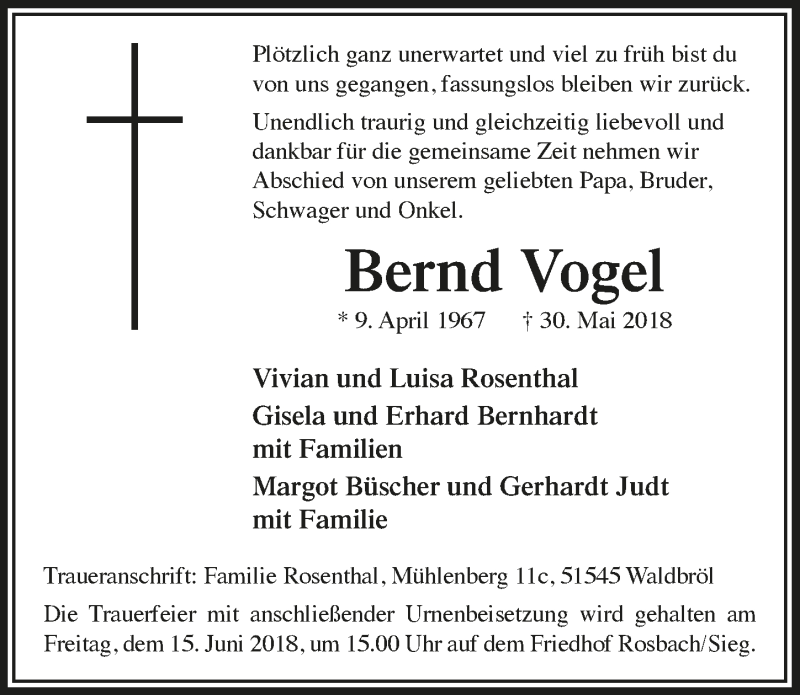  Traueranzeige für Bernd Vogel vom 13.06.2018 aus  Extra Blatt 