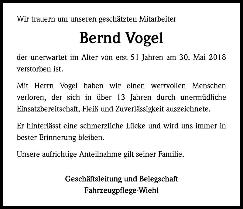  Traueranzeige für Bernd Vogel vom 06.06.2018 aus Kölner Stadt-Anzeiger / Kölnische Rundschau / Express