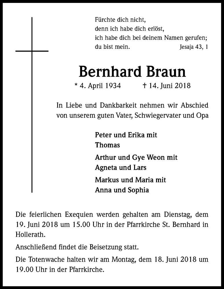  Traueranzeige für Bernhard Braun vom 16.06.2018 aus Kölner Stadt-Anzeiger / Kölnische Rundschau / Express