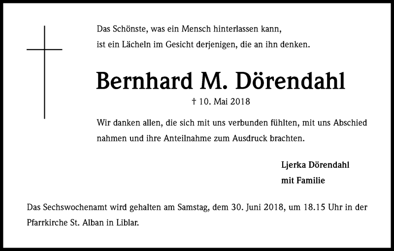  Traueranzeige für Bernhard  Dörendahl vom 23.06.2018 aus Kölner Stadt-Anzeiger / Kölnische Rundschau / Express