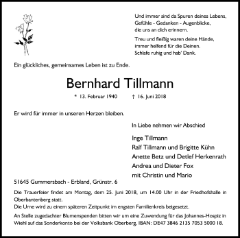 Anzeige von Bernhard Tillmann von Kölner Stadt-Anzeiger / Kölnische Rundschau / Express