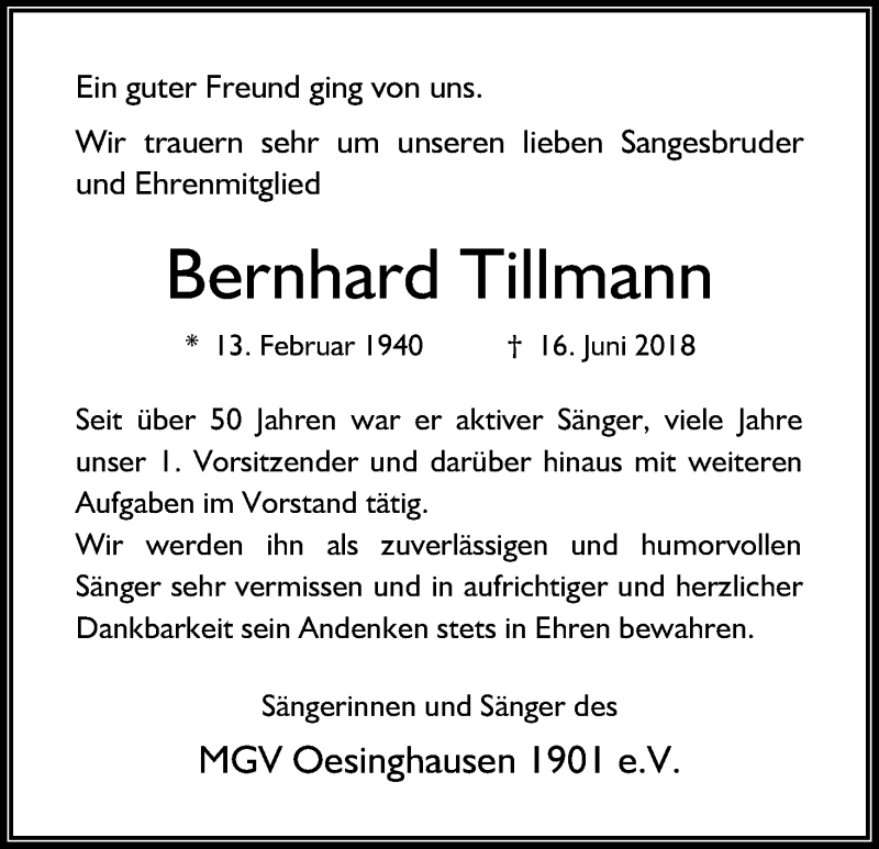  Traueranzeige für Bernhard Tillmann vom 30.06.2018 aus Kölner Stadt-Anzeiger / Kölnische Rundschau / Express