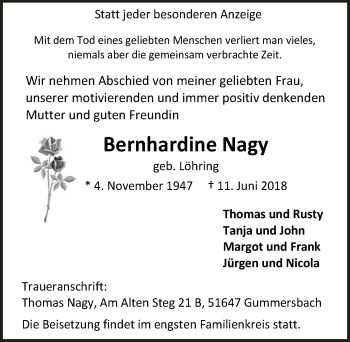 Anzeige von Bernhardine Nagy von  Anzeigen Echo 