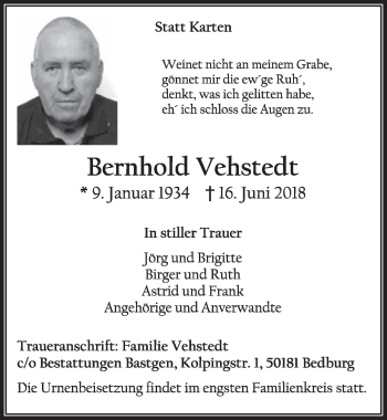Anzeige von Bernhold Vehstedt von  Sonntags-Post 