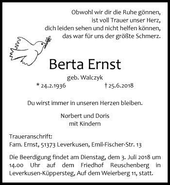 Anzeige von Berta Ernst von  Leverkusener Wochenende 