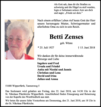 Anzeige von Betti Zenses von Kölner Stadt-Anzeiger / Kölnische Rundschau / Express