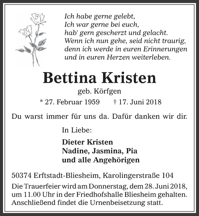  Traueranzeige für Bettina Kristen vom 20.06.2018 aus  Werbepost 