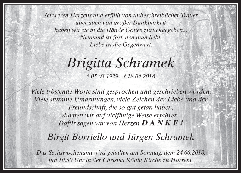  Traueranzeige für Brigitta Schramek vom 20.06.2018 aus  Werbepost 