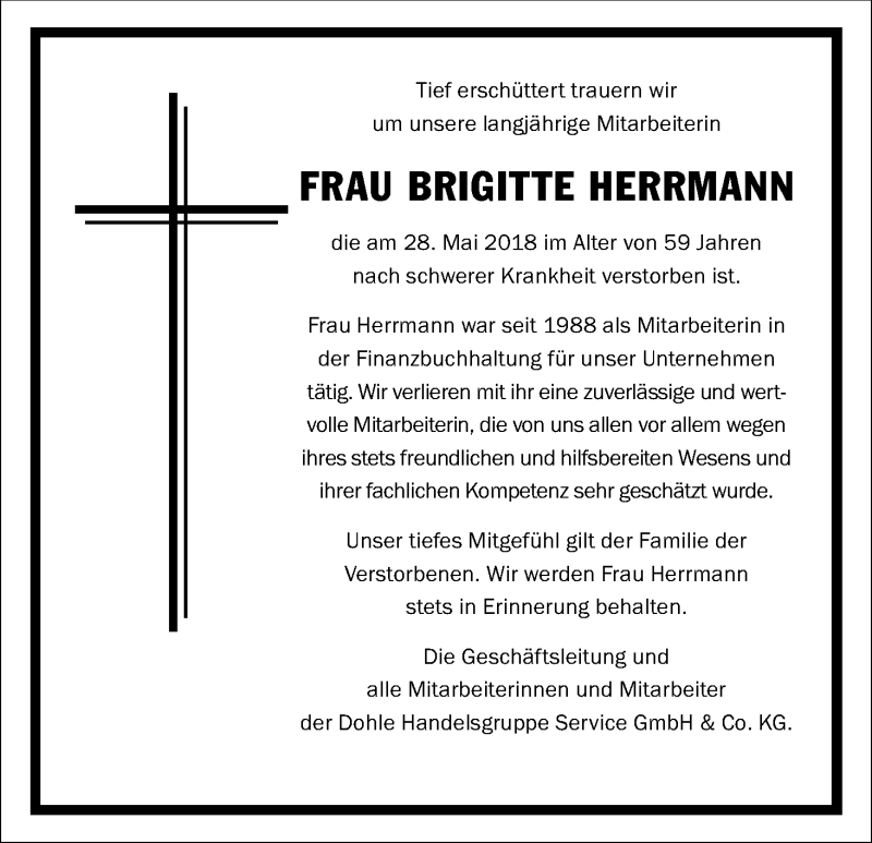  Traueranzeige für Brigitte Herrmann vom 16.06.2018 aus Kölner Stadt-Anzeiger / Kölnische Rundschau / Express
