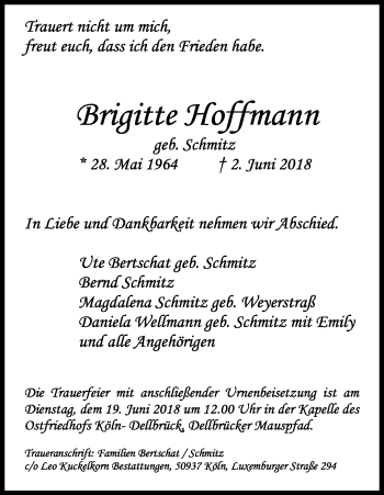Anzeige von Brigitte Hoffmann von Kölner Stadt-Anzeiger / Kölnische Rundschau / Express