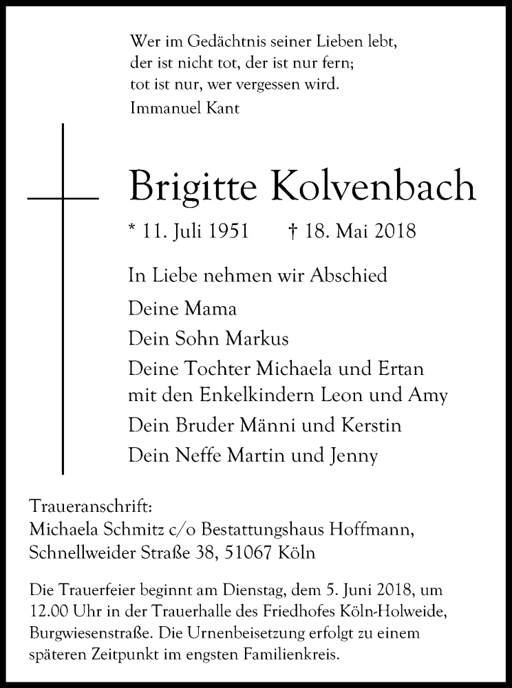  Traueranzeige für Brigitte Kolvenbach vom 02.06.2018 aus Kölner Stadt-Anzeiger / Kölnische Rundschau / Express