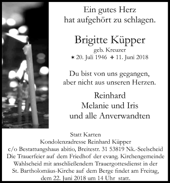 Anzeige von Brigitte Küpper von Kölner Stadt-Anzeiger / Kölnische Rundschau / Express