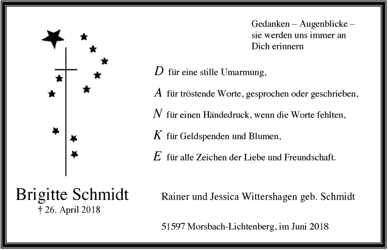  Traueranzeige für Brigitte Schmidt vom 20.06.2018 aus  Anzeigen Echo  Lokalanzeiger 
