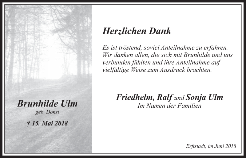  Traueranzeige für Brunhilde Ulm vom 13.06.2018 aus  Werbepost 