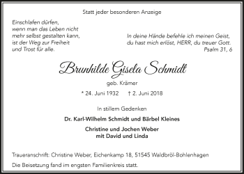 Anzeige von Brunhilde Gisela Schmidt von  Lokalanzeiger 